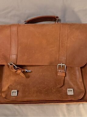 Classic Brown Leather Briefcase with Buckle Straps